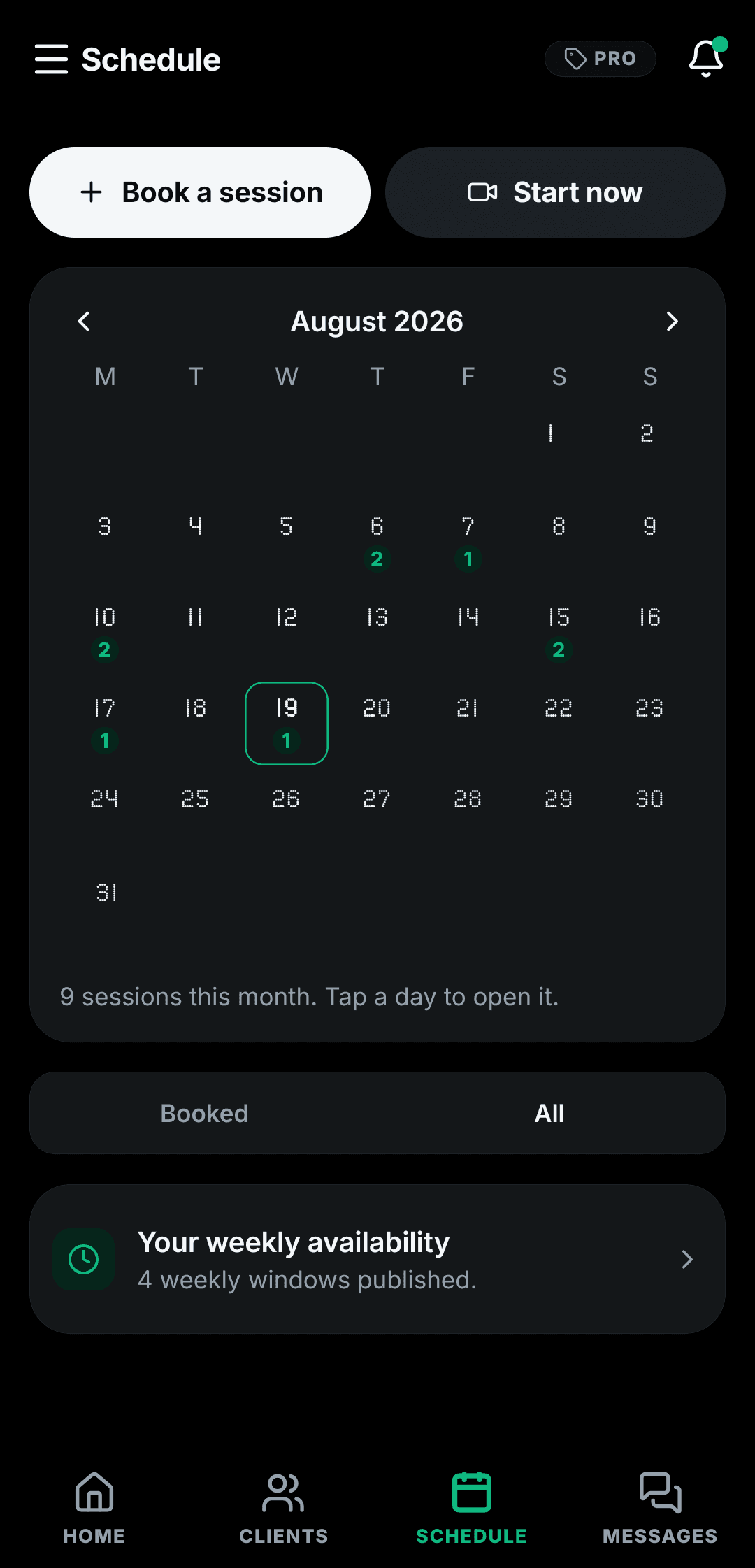 The Kynatx coaching schedule, showing a week of booked client sessions