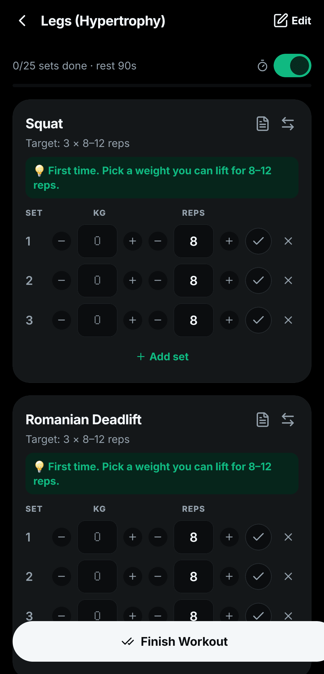 Logging sets in the Kynatx workout screen