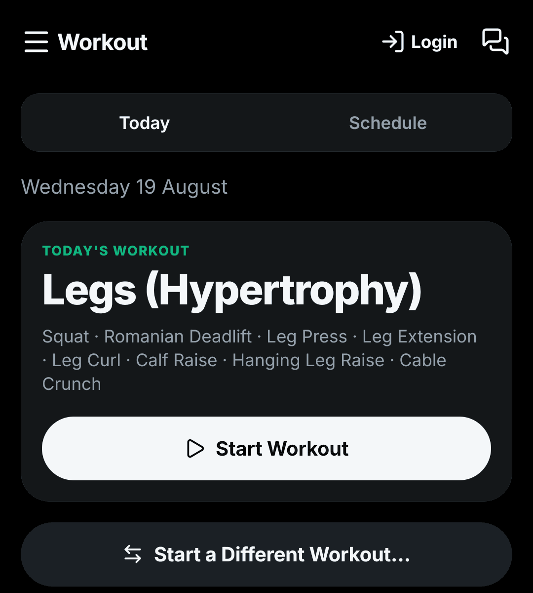 The Kynatx workout screen, showing today's session ready to start